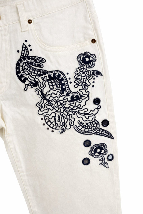 Roberto Cavalli White Skinny Jeans with Navy Embroidery