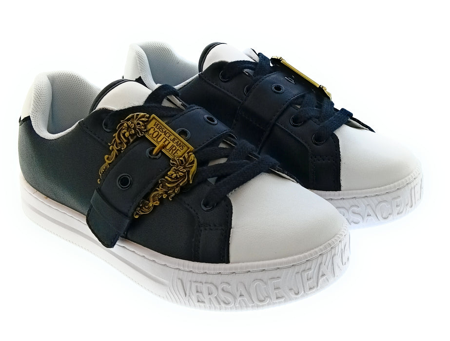 Versace Jeans Couture Women's Black and White Sneakers with Gold Buckle-