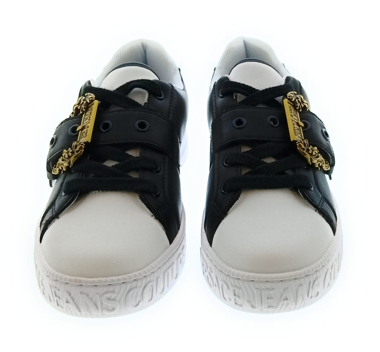 Versace Jeans Couture Women's Black and White Sneakers with Gold Buckle-