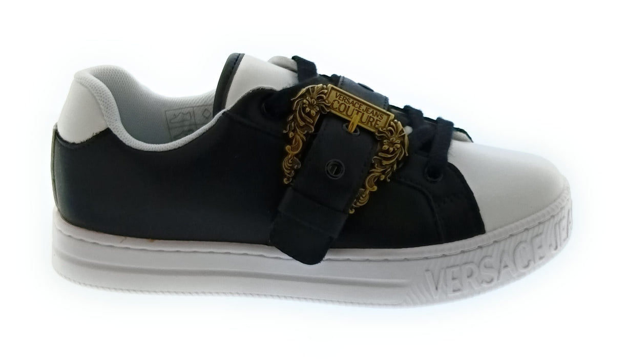 Versace Jeans Couture Women's Black and White Sneakers with Gold Buckle-
