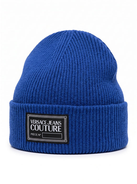 Versace Jeans Couture Men's Royal Blue Ribbed Knit Logo Patch Beanie