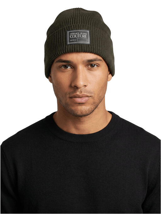 Versace Jeans Couture Men's Black Ribbed Knit Logo Patch Beanie