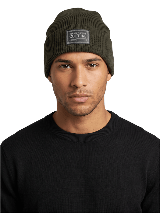 Versace Jeans Couture Men's Black Ribbed Knit Logo Patch Beanie