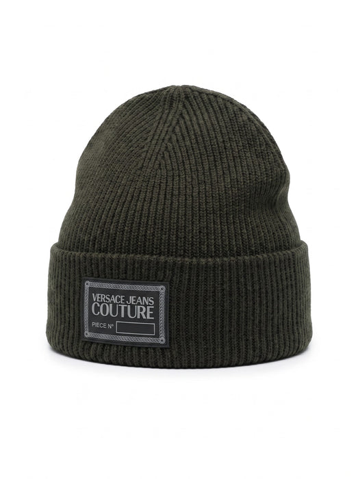 Versace Jeans Couture Men's Black Ribbed Knit Logo Patch Beanie