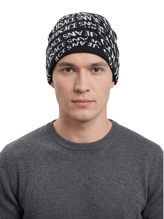 Versace Jeans Couture Men's Black and White Logo Knit Beanie