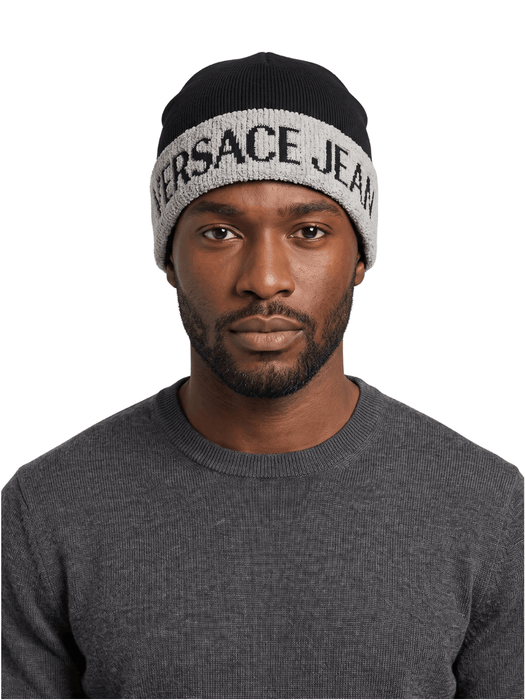 Versace Jeans Couture Men's Black and Grey Logo Cuff Knit Beanie
