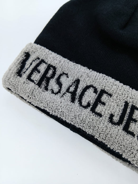 Versace Jeans Couture Men's Black and Grey Logo Cuff Knit Beanie