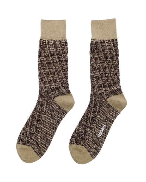 Missoni Beige Burgundy Mens Melange Textured Crew Socks-M