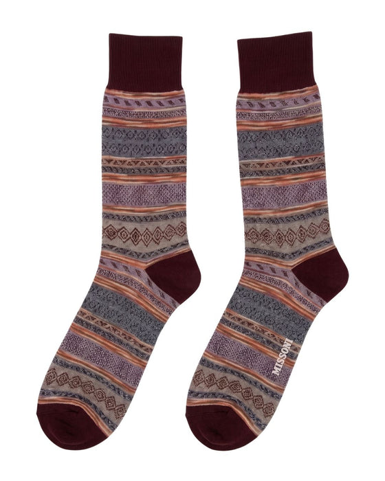 Missoni Beige Burgundy Mens Pattern Crew Socks-M
