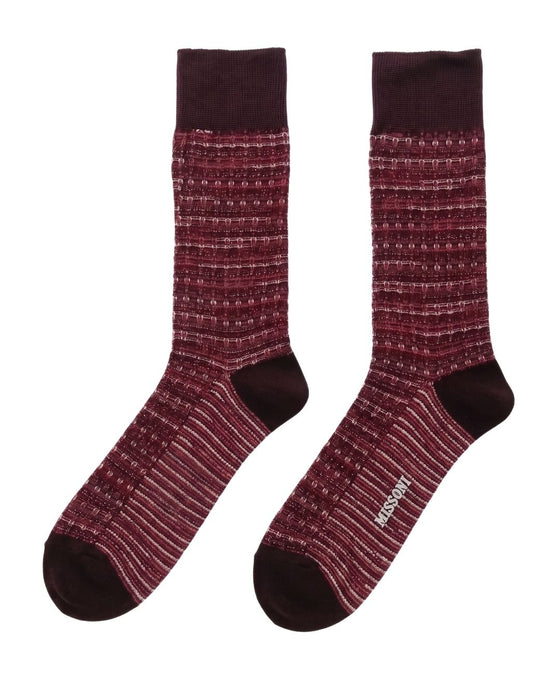 Missoni Burgundy Red Mens Textured Stripe Crew Socks-M