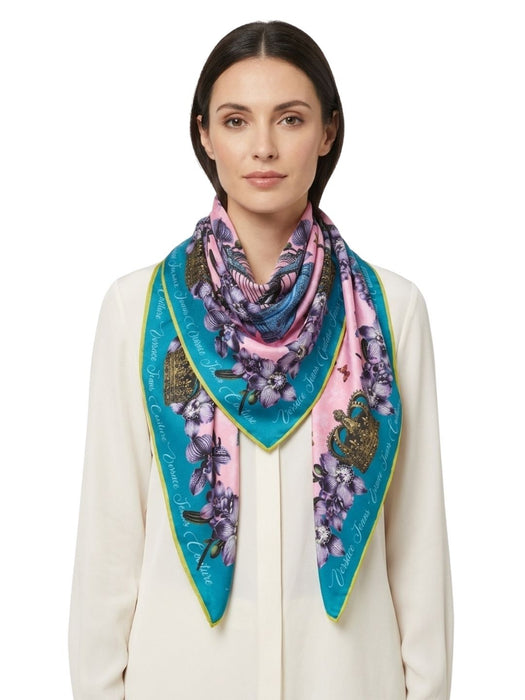 Versace Jeans Couture Women's Teal Pink Silk Butterfly Scarf 27.6 x 27.6 in