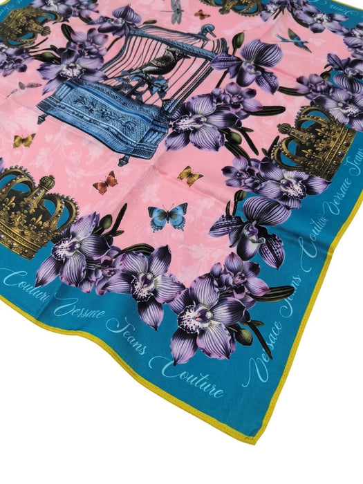 Versace Jeans Couture Women's Teal Pink Silk Butterfly Scarf 27.6 x 27.6 in