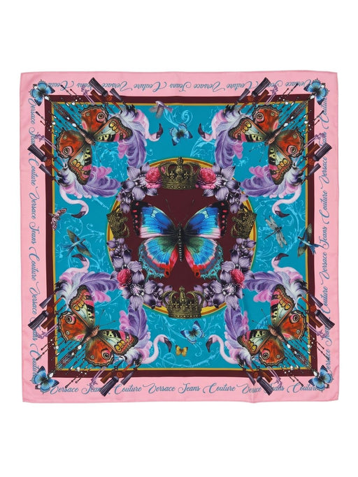 Versace Jeans Couture Women's Pink Teal Silk Butterfly Scarf 27.6 x 27.6 in