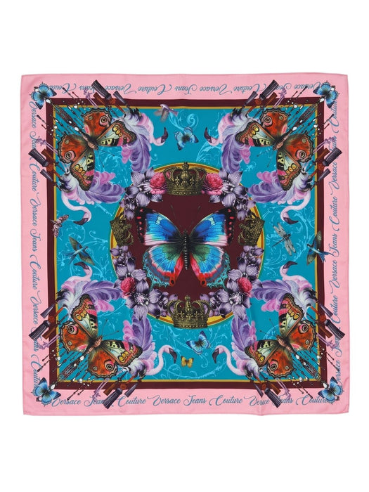 Versace Jeans Couture Women's Pink Teal Silk Butterfly Scarf 27.6 x 27.6 in