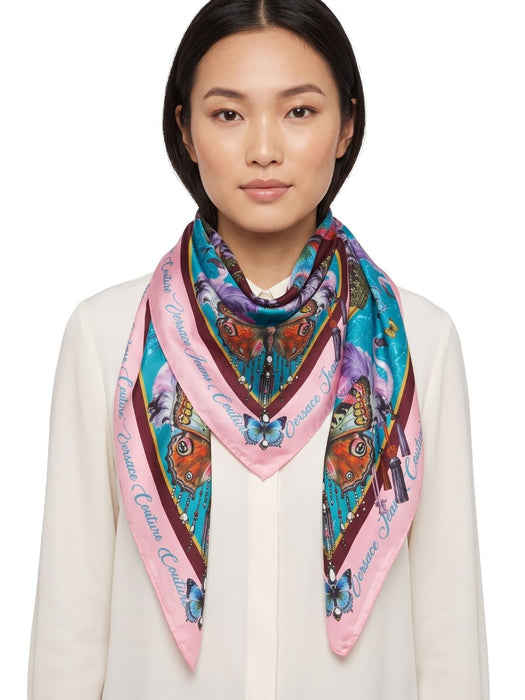 Versace Jeans Couture Women's Pink Teal Silk Butterfly Scarf 27.6 x 27.6 in