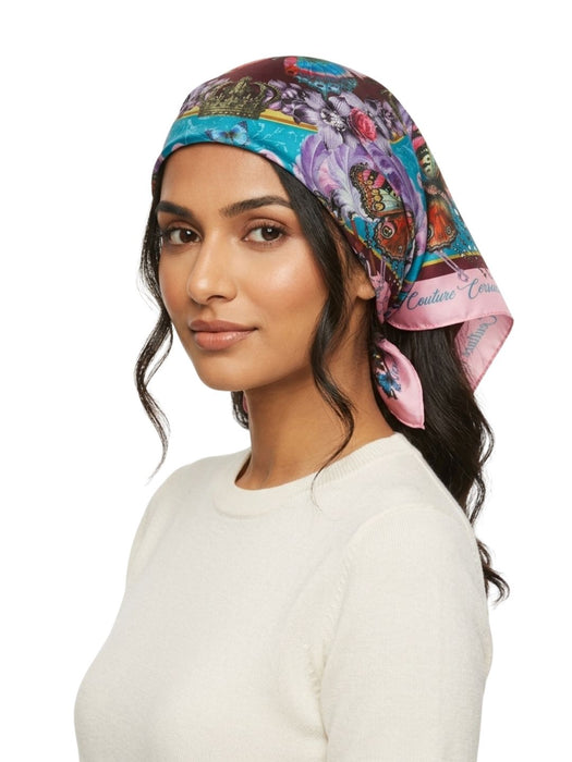 Versace Jeans Couture Women's Pink Teal Silk Butterfly Scarf 27.6 x 27.6 in
