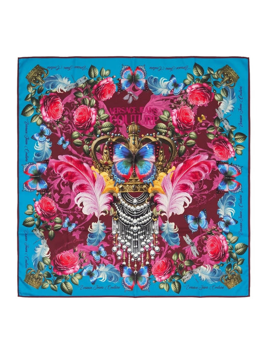 Versace Jeans Couture Women's Pink Teal Silk Skull Floral Scarf