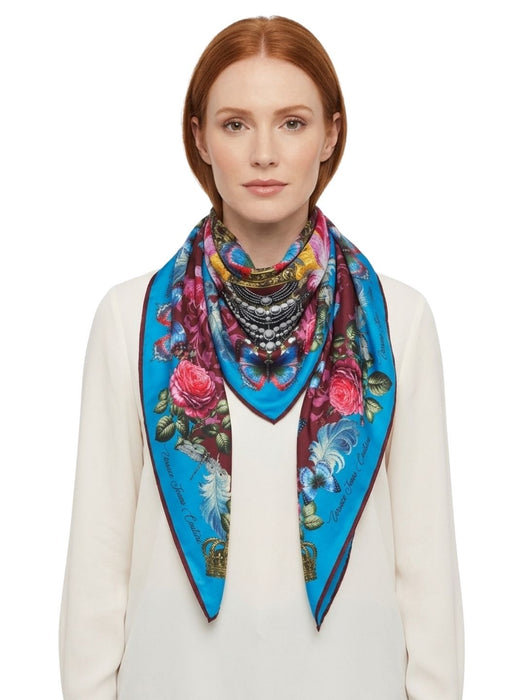 Versace Jeans Couture Women's Pink Teal Silk Skull Floral Scarf