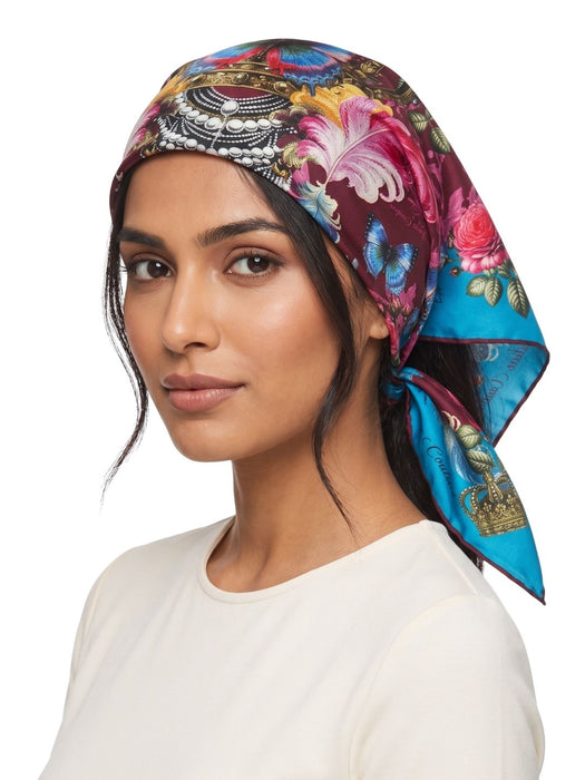 Versace Jeans Couture Women's Pink Teal Silk Skull Floral Scarf