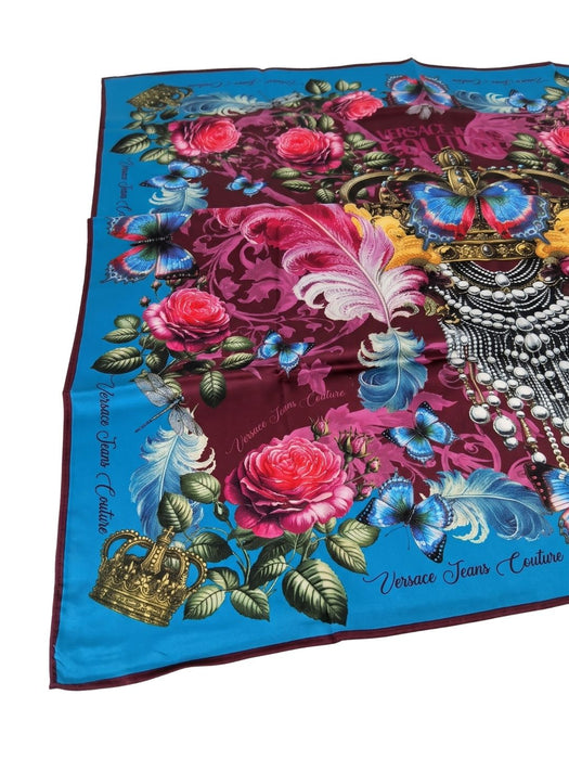 Versace Jeans Couture Women's Pink Teal Silk Skull Floral Scarf