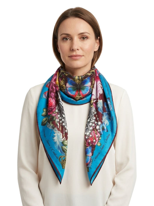 Versace Jeans Couture Women's Teal Burgundy Silk Skull Scarf