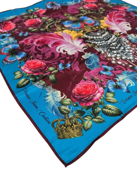Versace Jeans Couture Women's Teal Burgundy Silk Skull Scarf