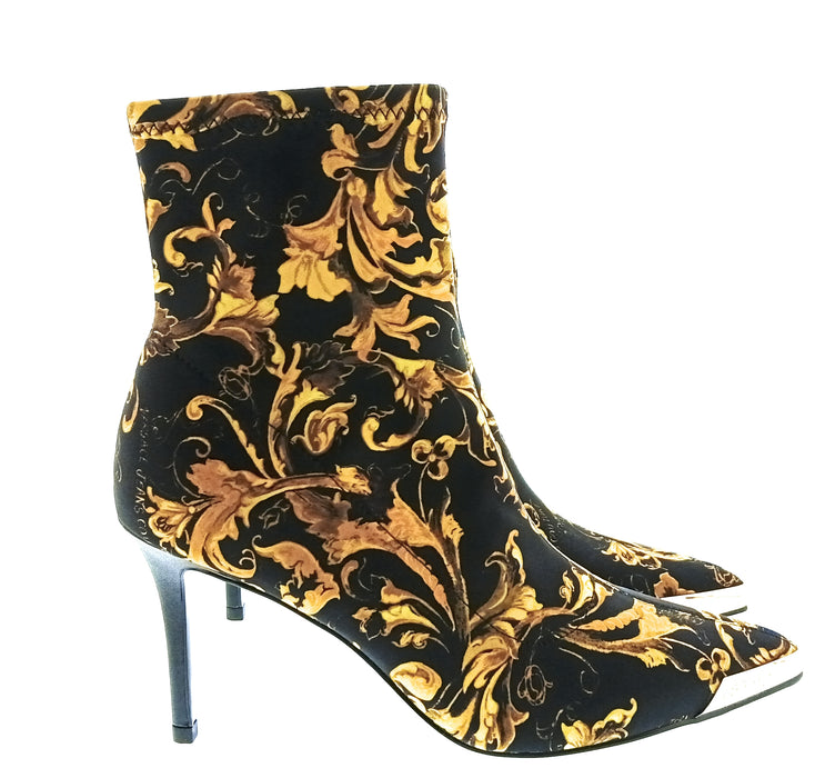 Versace Jeans Couture Womens Black Gold Baroque Stiletto Ankle Boots