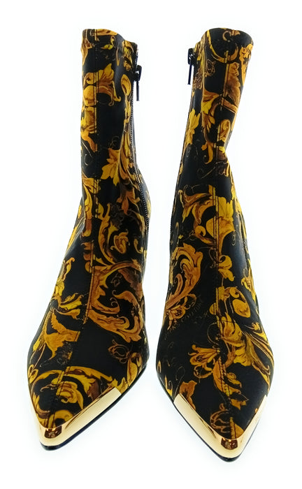 Versace Jeans Couture Womens Black Gold Baroque Stiletto Ankle Boots