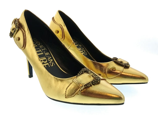 Versace Jeans Couture Womens Gold Metallic Buckle Pointed Toe Pumps