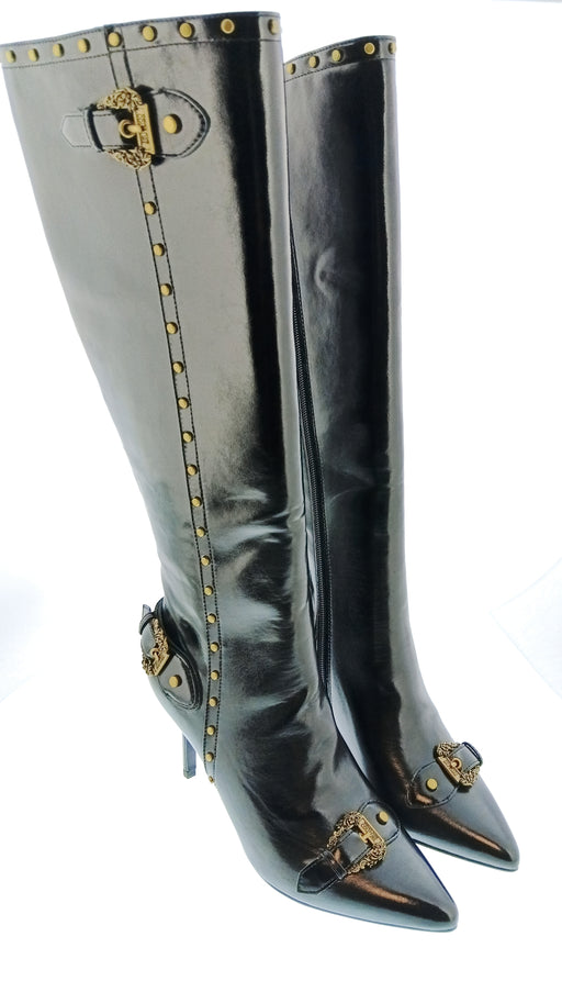 Versace Jeans Couture Womens Black Studded Stiletto Knee High Boots