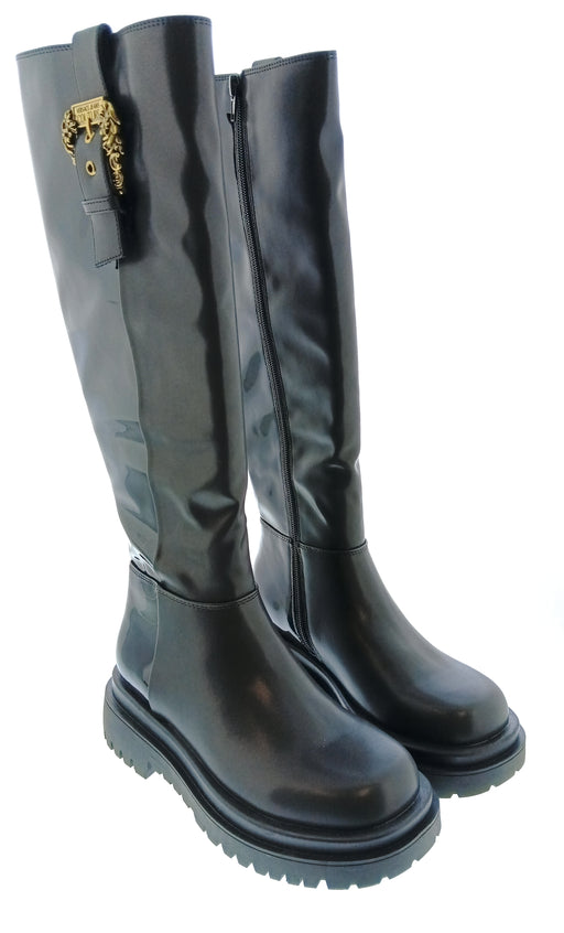 Versace Jeans Couture Womens Black Logo Strap Knee High Lug Boots