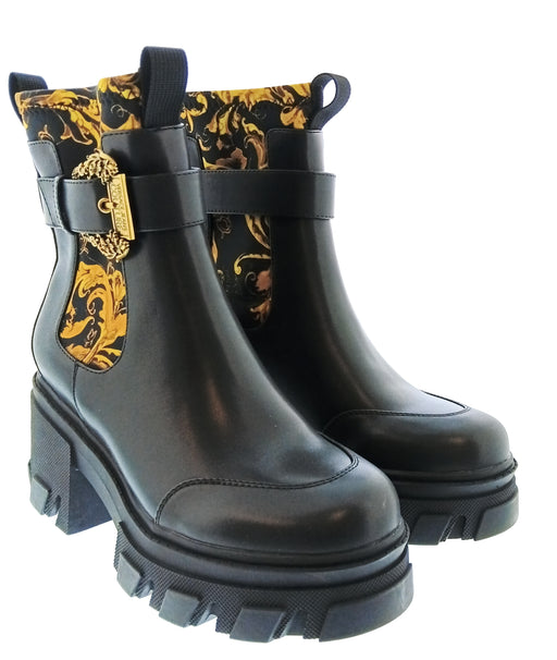Versace Jeans Couture Womens Black Gold Baroque Lug Ankle Boots