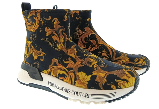 Versace Jeans Couture Womens Black Gold Baroque Sock Sneakers