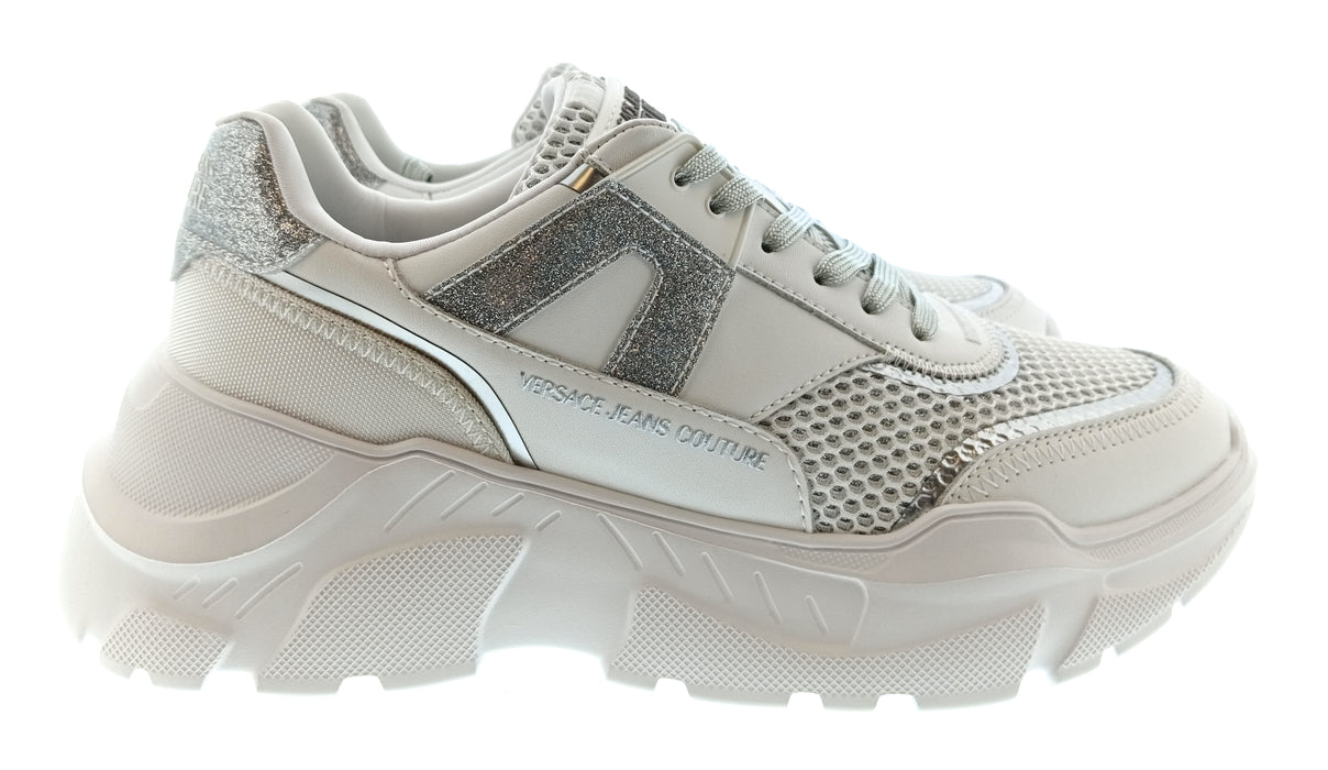 Versace Jeans Couture Womens White Silver Metallic Chunky Sneakers