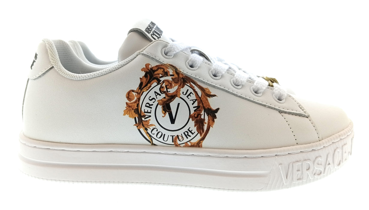 Versace Jeans Couture Womens White Gold Crest Platform Sneakers