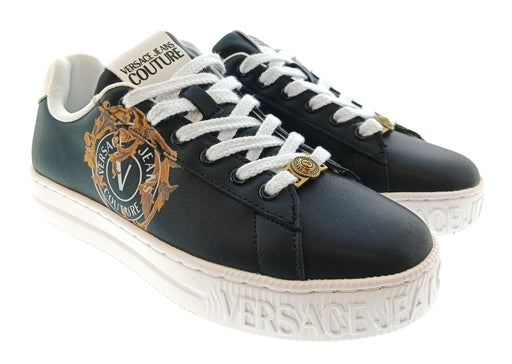 Versace Jeans Couture Womens Black Gold Crest Platform Sneakers