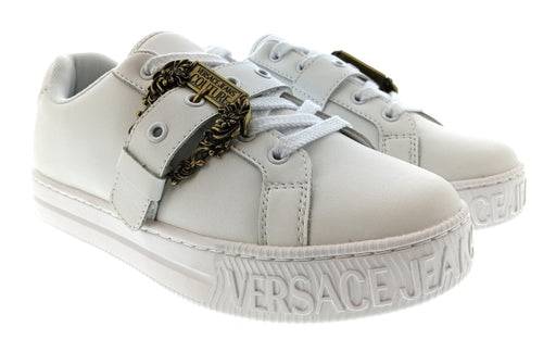 Versace Jeans Couture Womens White Ornate Buckle Platform Sneakers