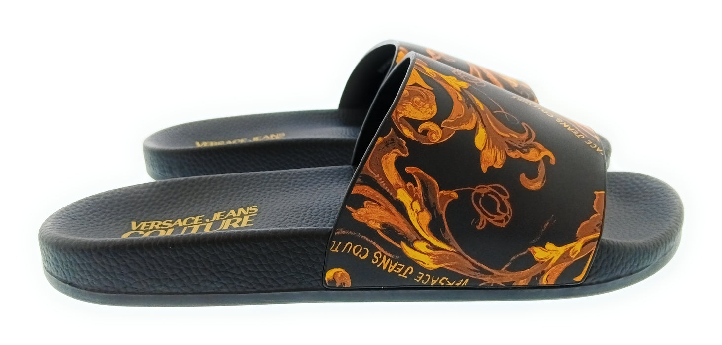 Versace Jeans Couture Womens Black Gold Baroque Print Slide Sandals-