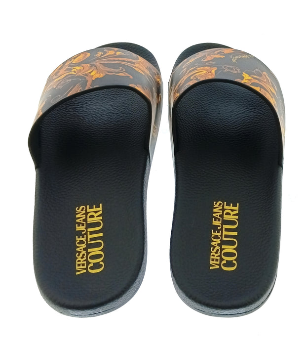 Versace Jeans Couture Womens Black Gold Baroque Print Slide Sandals-