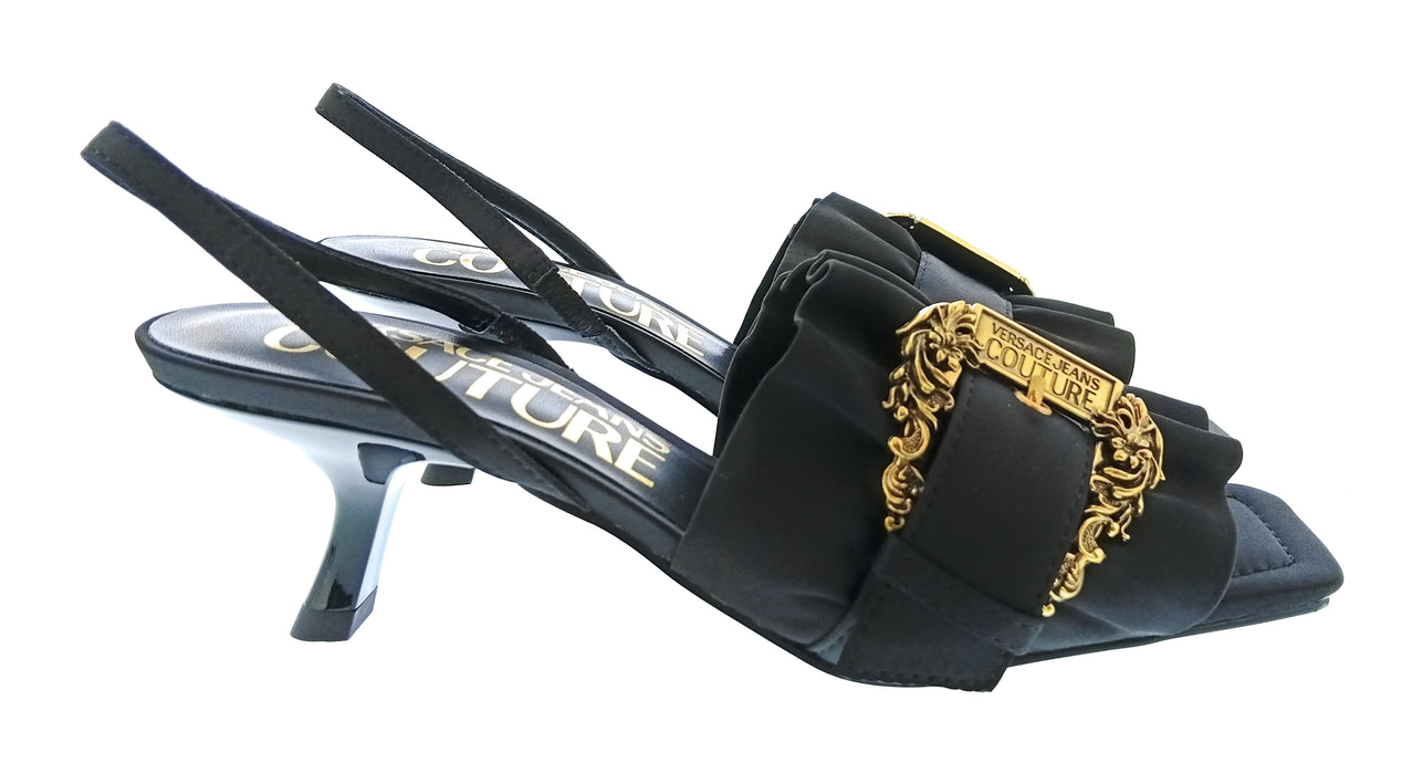 Versace Jeans Couture Womens Black Ruffle Buckle Slingback Sandals