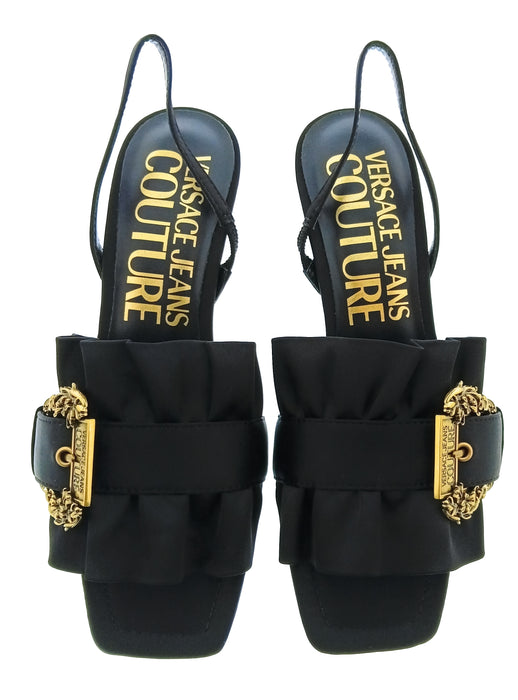 Versace Jeans Couture Womens Black Ruffle Buckle Slingback Sandals