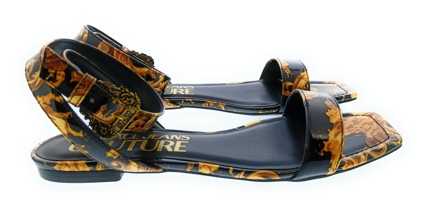 Versace Jeans Couture Womens Black Gold Baroque Flat Sandals