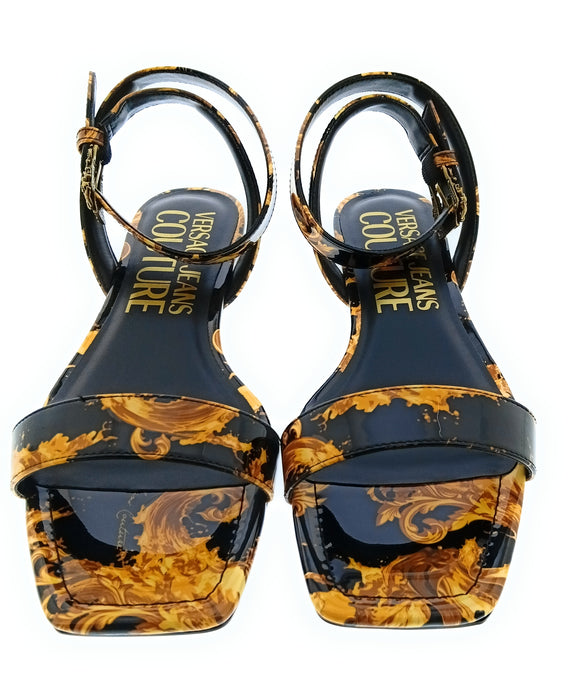 Versace Jeans Couture Womens Black Gold Baroque Flat Sandals