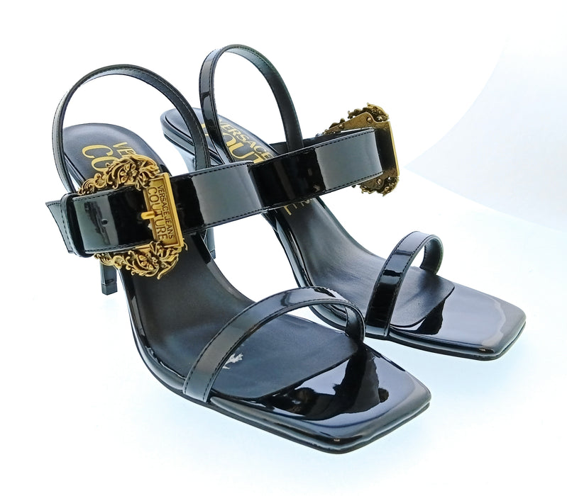 Versace Jeans Couture Womens Black Ornate Buckle High Heel Sandals