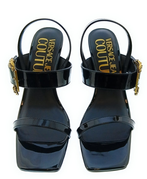 Versace Jeans Couture Womens Black Ornate Buckle High Heel Sandals