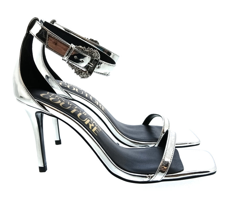 Versace Jeans Couture Womens Silver Metallic Ankle Strap High Heel Sandals