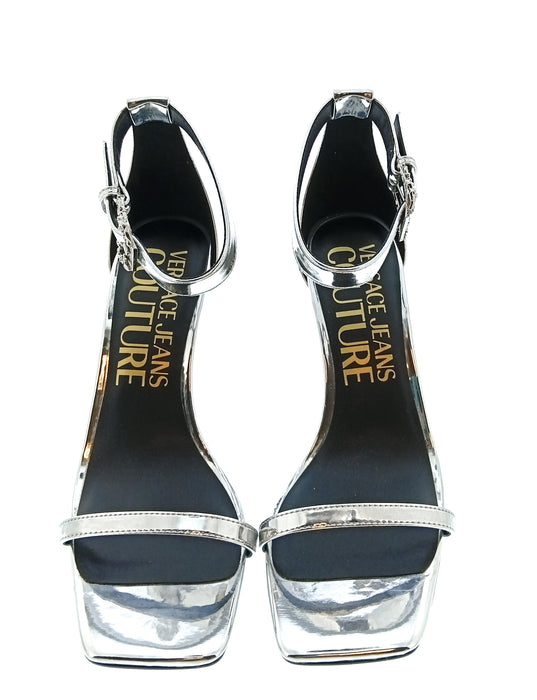 Versace Jeans Couture Womens Silver Metallic Ankle Strap High Heel Sandals