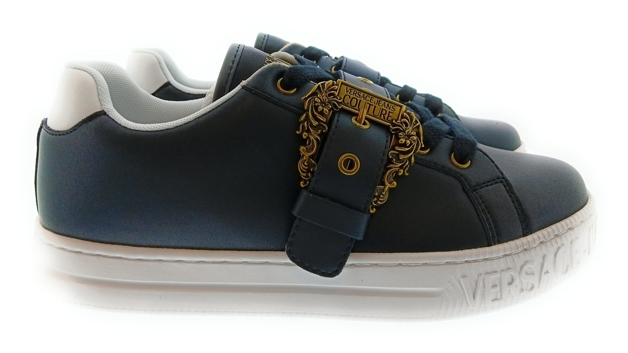 Versace Jeans Couture Womens Black Gold Ornate Buckle Platform Sneakers