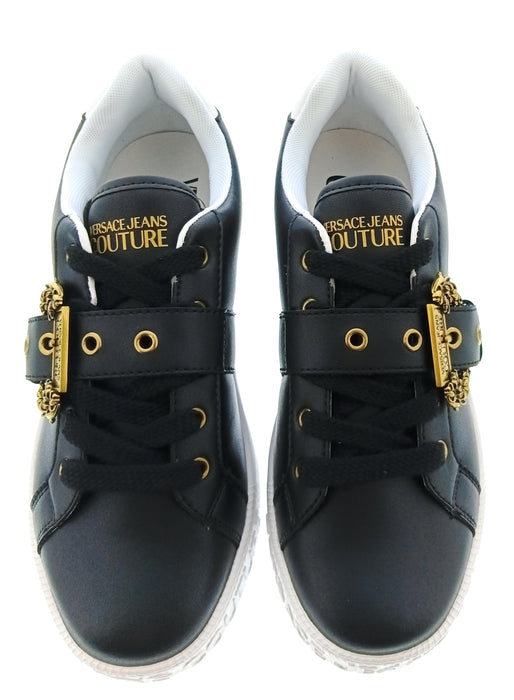 Versace Jeans Couture Womens Black Gold Ornate Buckle Platform Sneakers