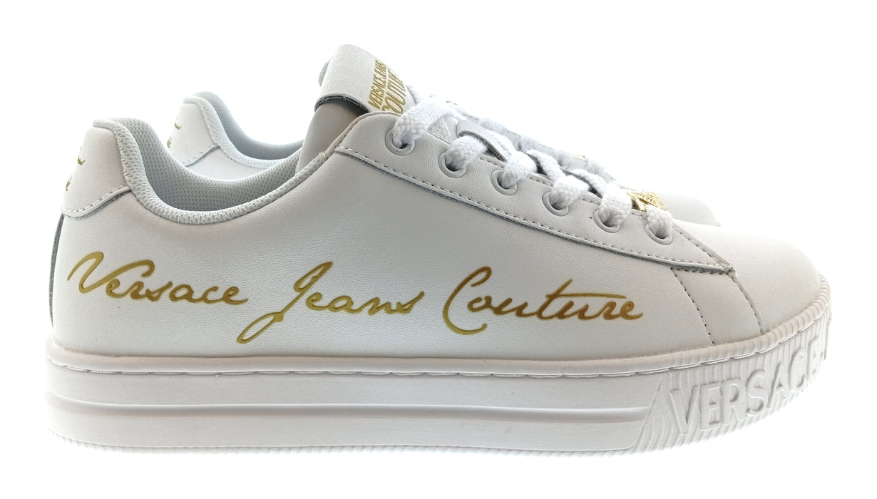 Versace Jeans Couture Womens White Gold Script Platform Sneakers